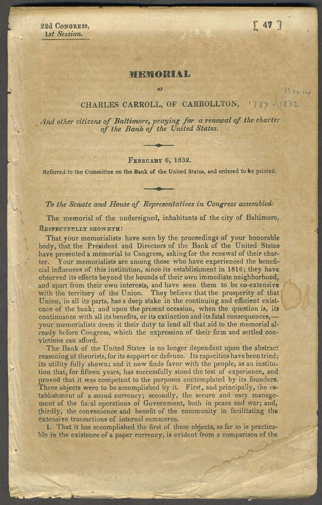 Item #10431 Memorial of Charles Carroll, of Carrollton, and other citizens of Baltimore, praying for a renewal of the charter of the Bank of the United States. Charles Carroll.