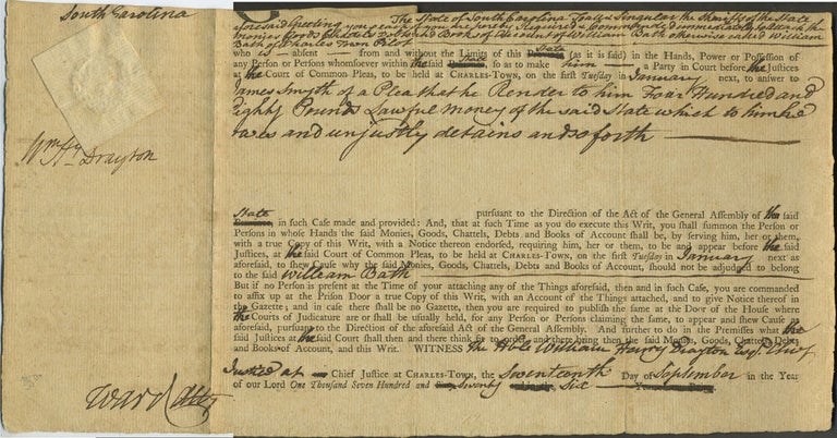 Item #10588 Revolutionary War period writ in which James Smyth demands 480 pounds from William Bath, pilot, in Charles-town. Signed by William Drayton, Chief Justice at Charleston. Revolutionary War, South Carolina.