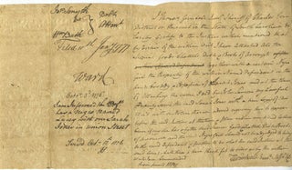 Revolutionary War period writ in which James Smyth demands 480 pounds from William Bath, pilot, in Charles-town. Signed by William Drayton, Chief Justice at Charleston.