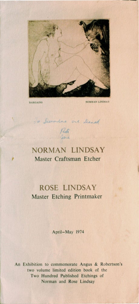 Item #10966 Exhibition Card: Norman Lindsay Master Craftsman Etcher; Rose Lindsay Master Etching Printmaker. April - May 1974. Norman Lindsay, Rose Lindsay.