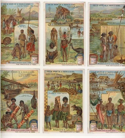 Item #11521 Iles du Groupe de la Nouvelle-Guinee. A set of 6 Liebig advertising cards. Liebig Advertising cards.