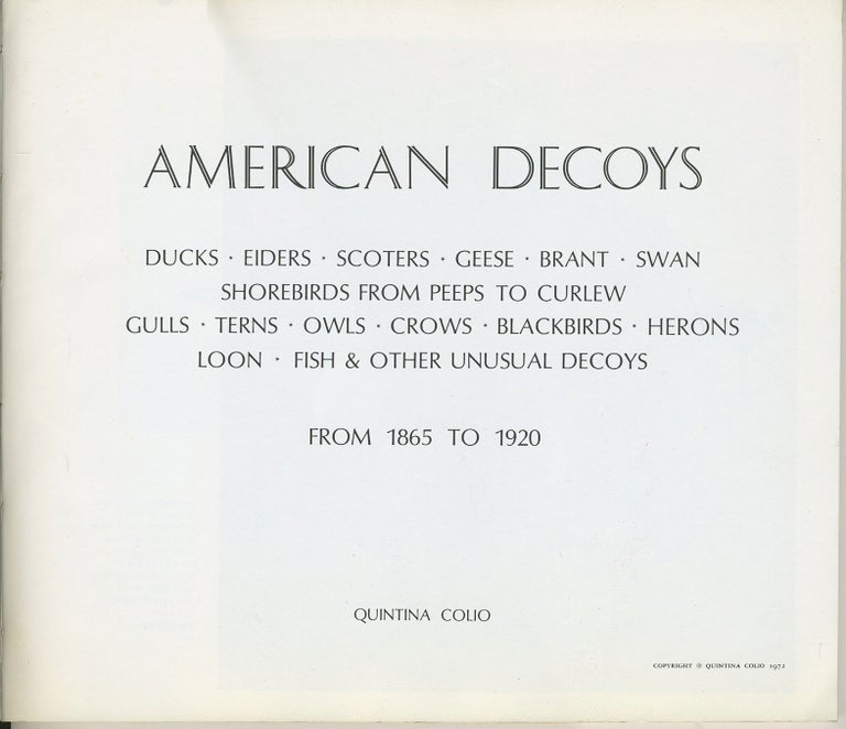 Item #12247 American Decoys ... From 1865 to 1920. Quintana Colio.