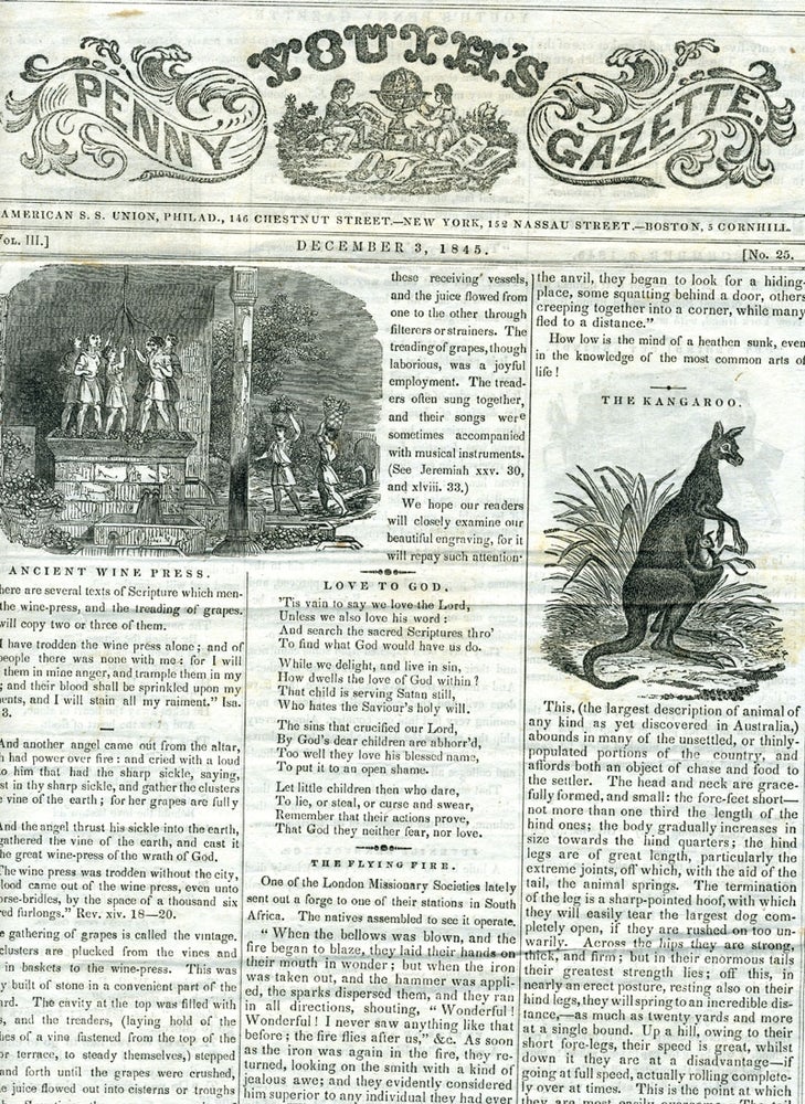 Item #12440 Youth's Penny Gazette with article & illustration of "The Kangaroo" American S. S. Union.