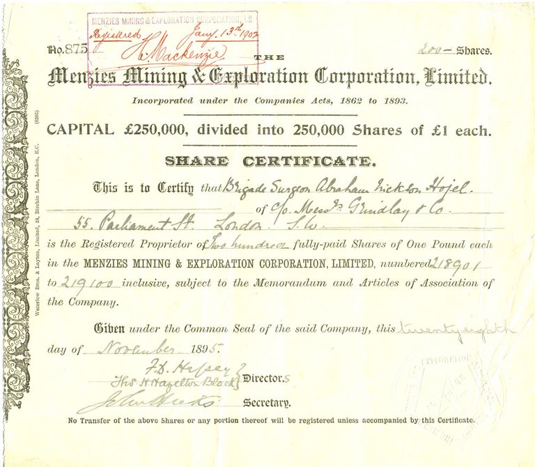 Item #13009 Menzies Mining & Exploration Corporation, Limited. N. Coolgardie, Western Australia, Share scrip. Share certificate.