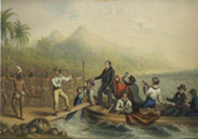 Item #13022 The Reception of the Rev. J. Williams at Tanna in the South Seas, the day before he was Massacred. George Baxter.