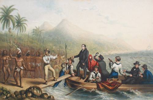 Item #13023 The Reception of the Rev. J. Williams at Tanna in the South Seas, the day before he was Massacred. George Baxter, publisher.