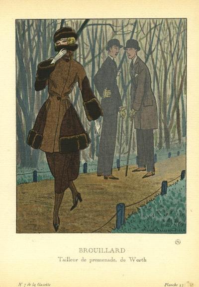 Item #13458 Brouillard: Tailleur de promenade, de Worth Print from the Gazette du Bon Ton. Pierre Brissaud.