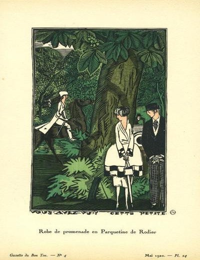 Item #13491 Robe de promenade en Parquetine de Rodier. Print from the Gazette du Bon Ton.