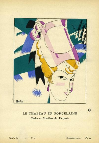 Item #13500 Le Chapeau En Procelaine: Modes et Manieres de Torquate Print from the Gazette du Bon Ton.