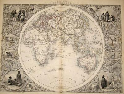 Item #13532 Eastern Hemisphere, antique map with vignette views. J. Tallis Rapkin, John.