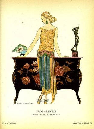 Item #13538 Rosalinde. Robe du soir, de Worth. Print from the Gazette du Bon Ton. George Barbier