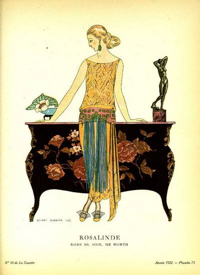 Item #13538 Rosalinde. Robe du soir, de Worth. Print from the Gazette du Bon Ton. George Barbier.