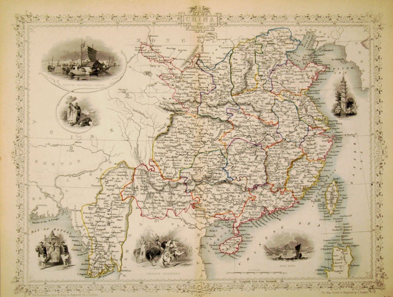 Item #13539 China and Birmah, antique map with vignette views. J. Tallis Rapkin, John.