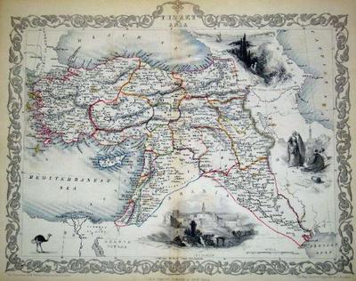 Item #13553 Turkey in Asia, antique map with vignette views. J. Tallis Rapkin, John.