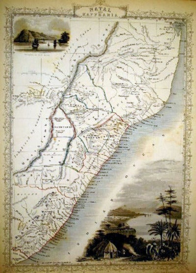 Item #13572 Natal and Kaffraria, antique map with vignette views. J. Tallis Rapkin, John.