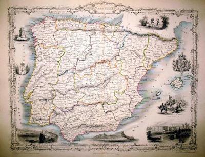 Item #13577 Spain and Portugal, antique map with vignette views. J. Tallis Rapkin, John.