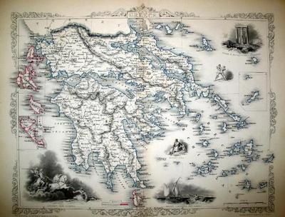Item #13578 Ionian Isles and Greece, antique map with vignette views. J. Tallis Rapkin, John.