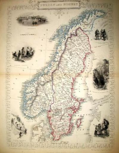 Item #13580 Sweden and Norway, antique map with vignette views. J. Tallis Rapkin, John.