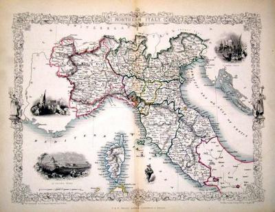 Item #13581 Northern Italy, antique map with vignette views. J. Tallis Rapkin, John.
