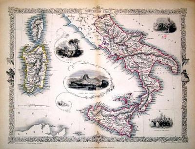 Item #13582 Southern Italy, antique map with vignette views. J. Tallis Rapkin, John.