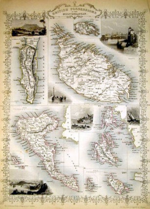 Item #13584 British Possessions in the Mediterranean, antique map with vignette views. J. Tallis...