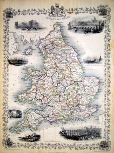 Item #13585 England and Wales, antique map with vignette views. J. Tallis Rapkin, John.