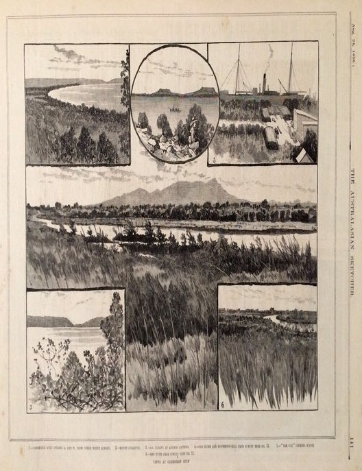 Item #13593 Sketches of Cambridge Gulf, Ord River and Houseroof Hill, Western Australia; Melbourne Harbour Trust Works; South Australia Houses of Parliament in the Australasian Sketcher, weekly issue, beginning Tuesday, Aug. 24, 1886. Australasian Sketcher.