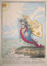 Item #13637 The great South Sea Caterpillar, transform'd into a Bath Butterfly. Joseph Banks, James Gillray.