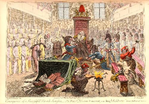 Item #13638 Consequences of a successfull [sic] French invasion. No. 1, plate 1st, We come to recover your long lost liberties; scene, the House of Commons, BOTANY BAY Reference. Js. Gillray, Sir John Dalrymple.