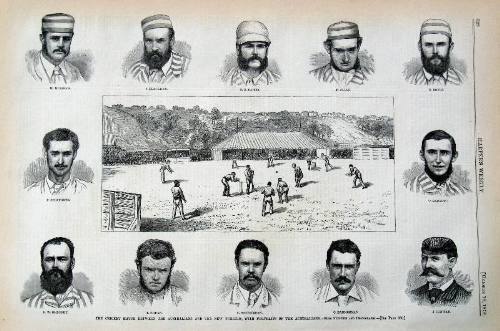 Item #13688 The Cricket Match between the Australians and the New Yorkers, with Portraits of the Australians. from Sketches and Photographs. Engraving. Cricket.