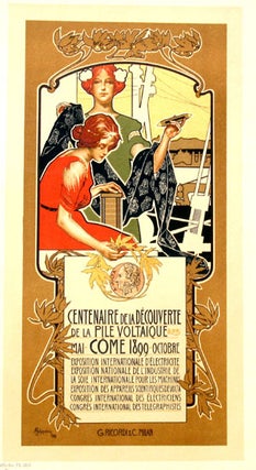 Item #13725 Affiche italienne pour le "Centenaire de la Decouverte de la Pile Voltaique", Les...