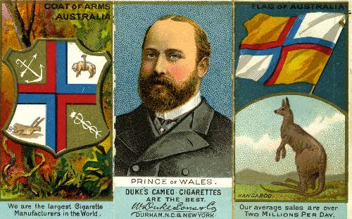 Item #13791 Triplicate Folding Advertising Card with Coat of Arms of Australia, Prince of Wales, and Kangaroo. Advertising card.