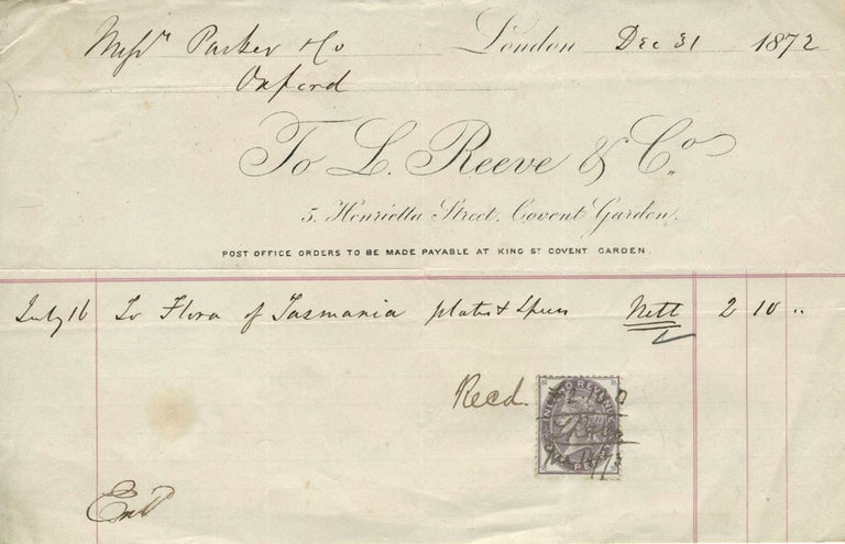 Item #13792 Invoice for "Flora of Tasmania", plates and spec...n (sic). Botany, Tasmania, Reeve, L. Co.