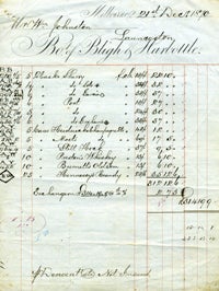 Item #14044 Invoices for wine, rum, tobacco, coffee, etc dated 1866 - 1873 from Melbourne merchants to Mr. William Johnstone of Launceston. David Masterson, wholesale merchants Co. Melbourne.