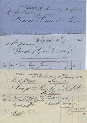 Invoices for wine, rum, tobacco, coffee, etc dated 1866 - 1873 from Melbourne merchants to Mr. William Johnstone of Launceston.