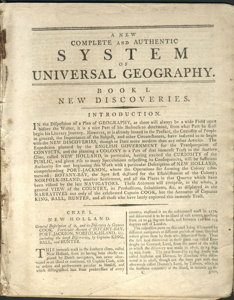 Item #14072 A New Complete and Authentic System of Universal Geography, Book I. New Discoveries, Chapter I. New Holland.