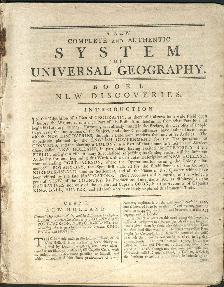 Item #14072 A New Complete and Authentic System of Universal Geography, Book I. New Discoveries, Chapter I. New Holland.
