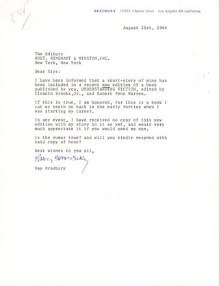 Item #14092 Signed Bradbury letter to Holt, Rinehart & Winston regarding inclusion of his short...