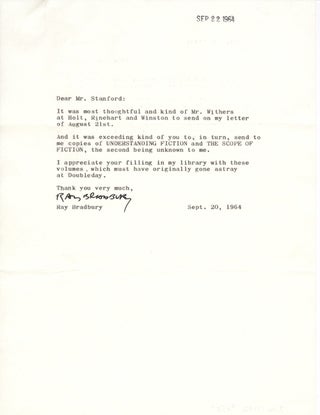 Signed Bradbury letter to Holt, Rinehart & Winston regarding inclusion of his short story in "Understanding Fiction." pair of TLS.