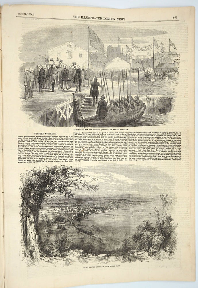 Item #14101 Perth, Western Australia, view from Mount Eliza and article in the Illustrated London News, May 24,1856. Illustrated London News.