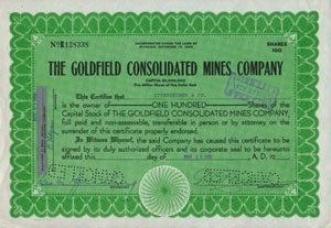 Item #14154 The Goldfield Consolidated Mines Company. Capital 5,000,000. Share Certificate. Gold Share Certificate.