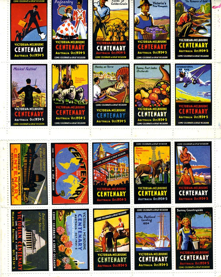 Item #14159 Full color Poster Stamps celebrating Victorian and Melbourne Centenary, October 1934-5. Victoria, Poster stamps.