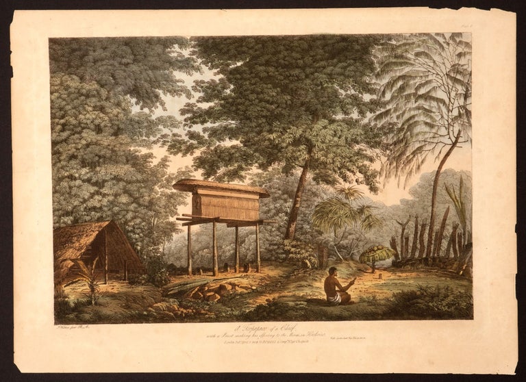 Item #14333 A Toopapaoo of a Chief, with a Priest making his offering to the Morai, in Huaheine. John Webber.