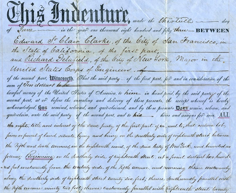 Item #14349 New York City, New York 1853 Land Deed. Edward St. Clair Clarke, to Richard Delafield.