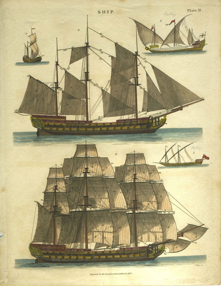 Item #14409 Pair of sailing ships, from Encyclopedia Londinensis 1827, Plate II and Plate III.