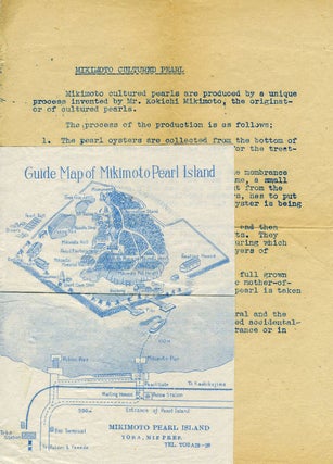 Early Mikimoto Pearl ephemera including postcards, printed map & instructions on the care of pearls.