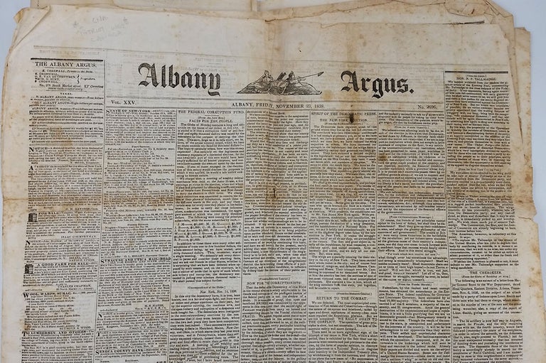 Item #14492 Albany Argus, November 23, 1838 newspaper article on the Canada War, the Battle at Wind Mill Point and the Canadians exiled to Australia. Australia, Canadian Patriots.