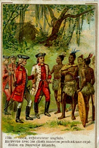 Item #14493 1769 - Cook, explorateur anglais. Entrevue avec les Chefs Maories pendant une expedition en Nouvelle Zelande. James Cook, Advertising card: Chicoree A. La Belle Jardiniere.