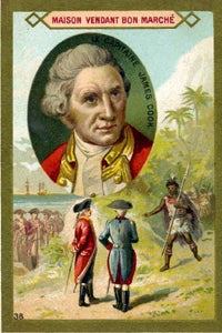 Item #14494 Le Capitaine James Cook. James Cook, Advertising card: Phare de la Bastille