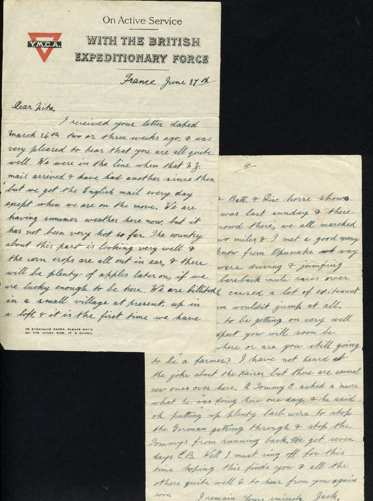 Item #14531 World War One Letter from New Zealand soldier stationed in France to his home in Opunake. New Zealand, World War One Soldier's Letter.